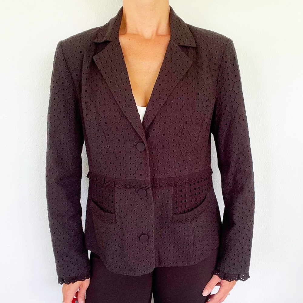 CAbi black cut out eyelet lace button front ruffle trim cotton blazer size 4